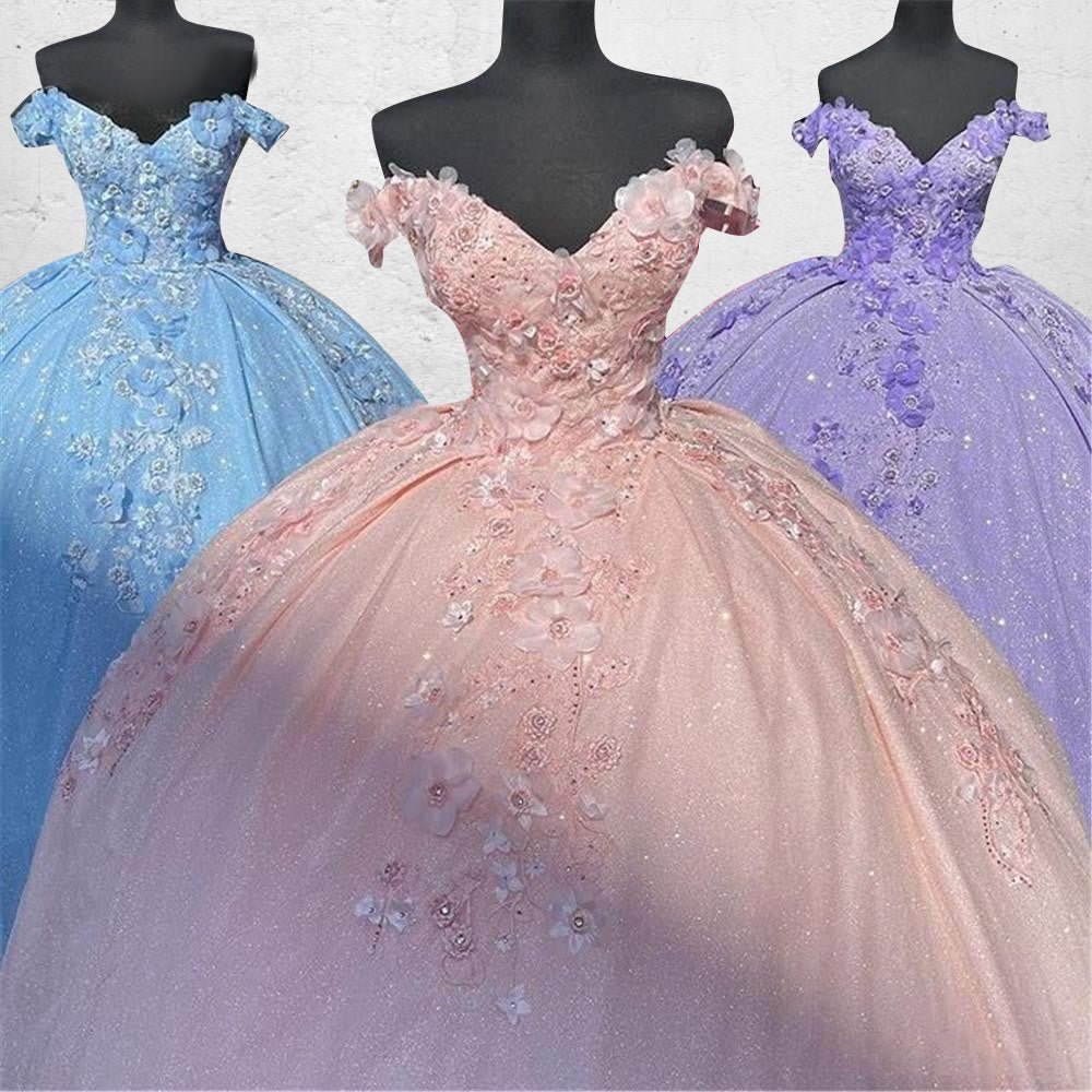 Off the Shoulder Lavender Glitter 3D Floral Quinceanera Dresses