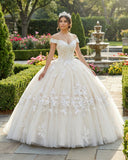 Off The Shoulder Long Champagne Lace Appliques Quinceanera Dress