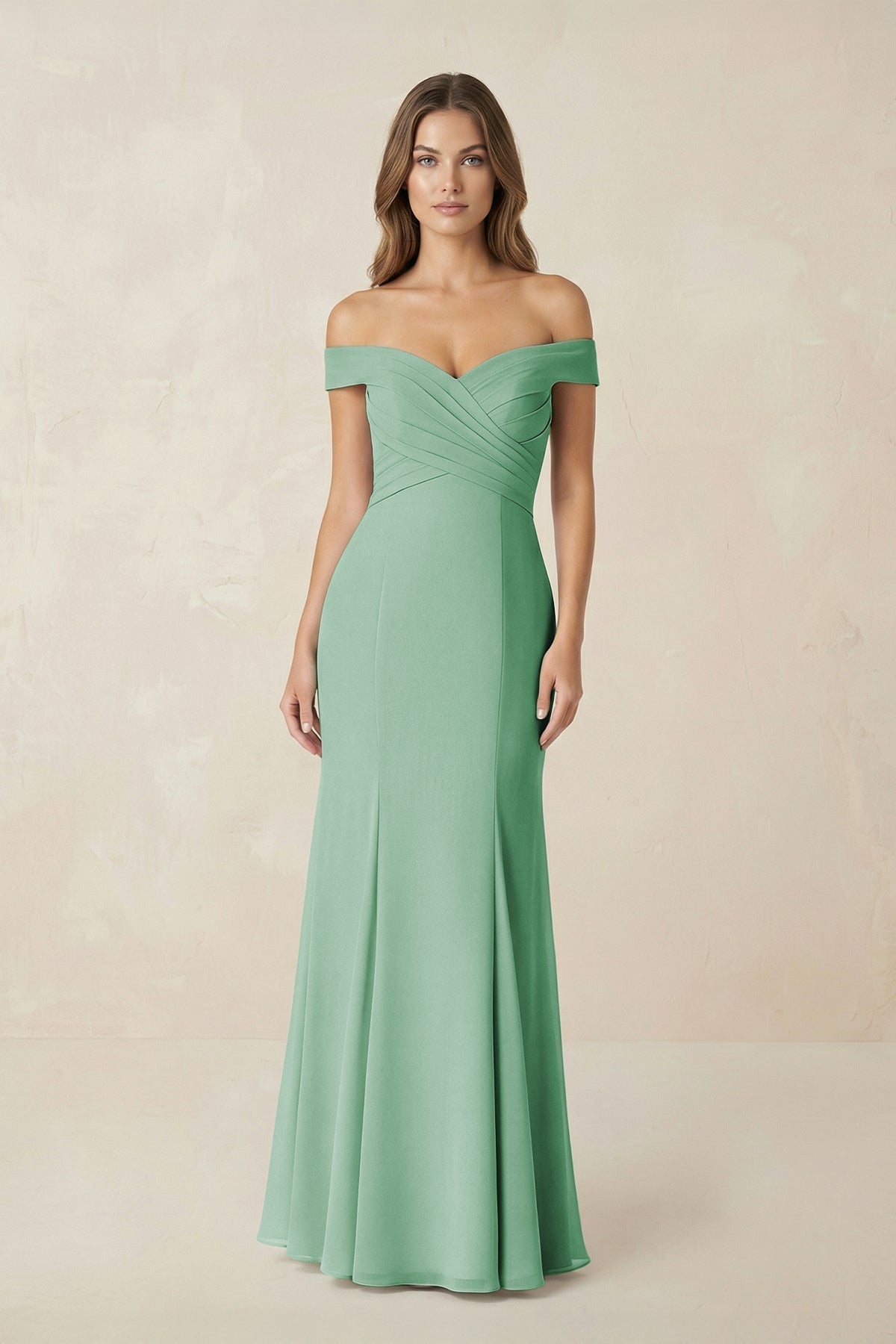 Off-the Shoulder Mermaid Chiffon Bridesmaid Dress in Sea Glass