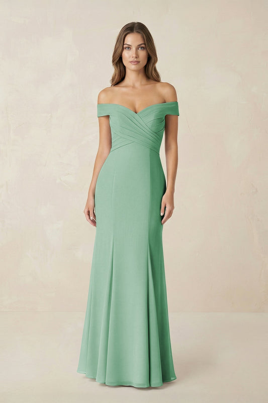 Off-the Shoulder Mermaid Chiffon Bridesmaid Dress in Sea Glass