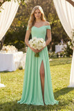 Off-the-Shoulder Pleated A-Line Chiffon Bridesmaid Dress in Pale Pistachio