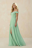 Off-the-Shoulder Pleated A-Line Chiffon Bridesmaid Dress in Pale Pistachio