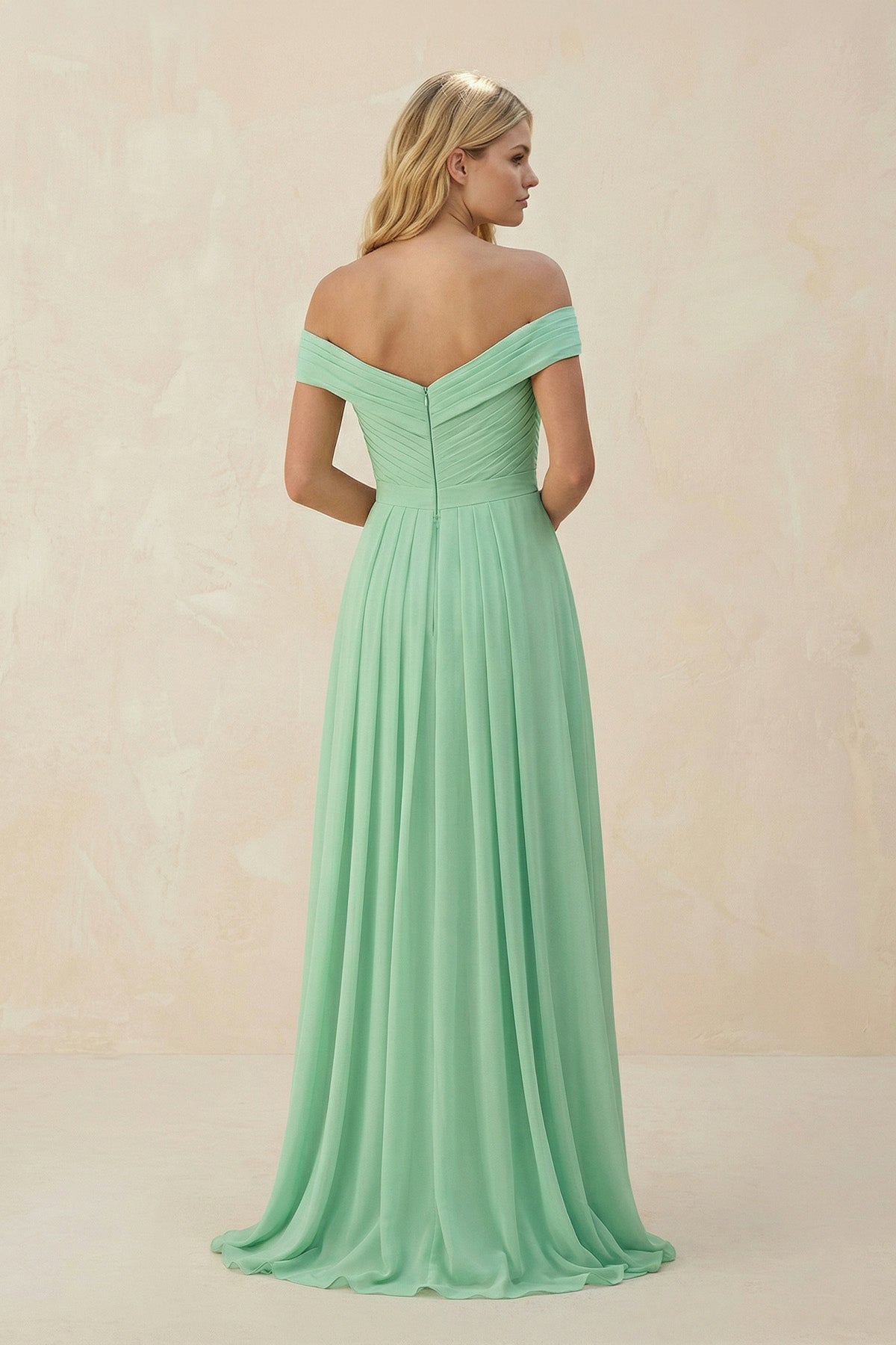 Off-the-Shoulder Pleated A-Line Chiffon Bridesmaid Dress in Pale Pistachio
