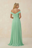 Off-the-Shoulder Pleated A-Line Chiffon Bridesmaid Dress in Pale Pistachio