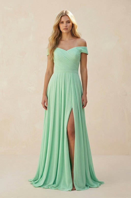 Off-the-Shoulder Pleated A-Line Chiffon Bridesmaid Dress in Pale Pistachio