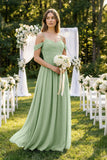 A-Line Off-the-Shoulder Pleated Chiffon Bridesmaid Dress in Sage
