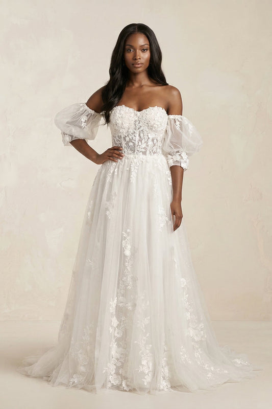 Off-the-Shoulder Puff Sleeves Appliqued Wedding Dress in White