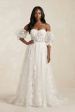 Off-the-Shoulder Puff Sleeves Appliqued Wedding Dress in White