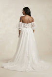 Off-the-Shoulder Puff Sleeves Appliqued Wedding Dress in White