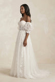 Off-the-Shoulder Puff Sleeves Appliqued Wedding Dress in White