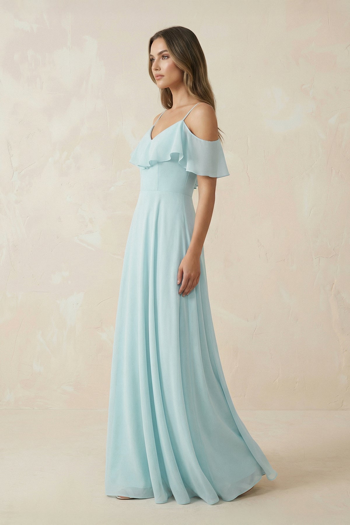 Off-the-Shoulder Ruffled A-Line Chiffon Bridesmaid Dress in Sky Blue