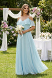 Off-the-Shoulder Ruffled A-Line Chiffon Bridesmaid Dress in Sky Blue