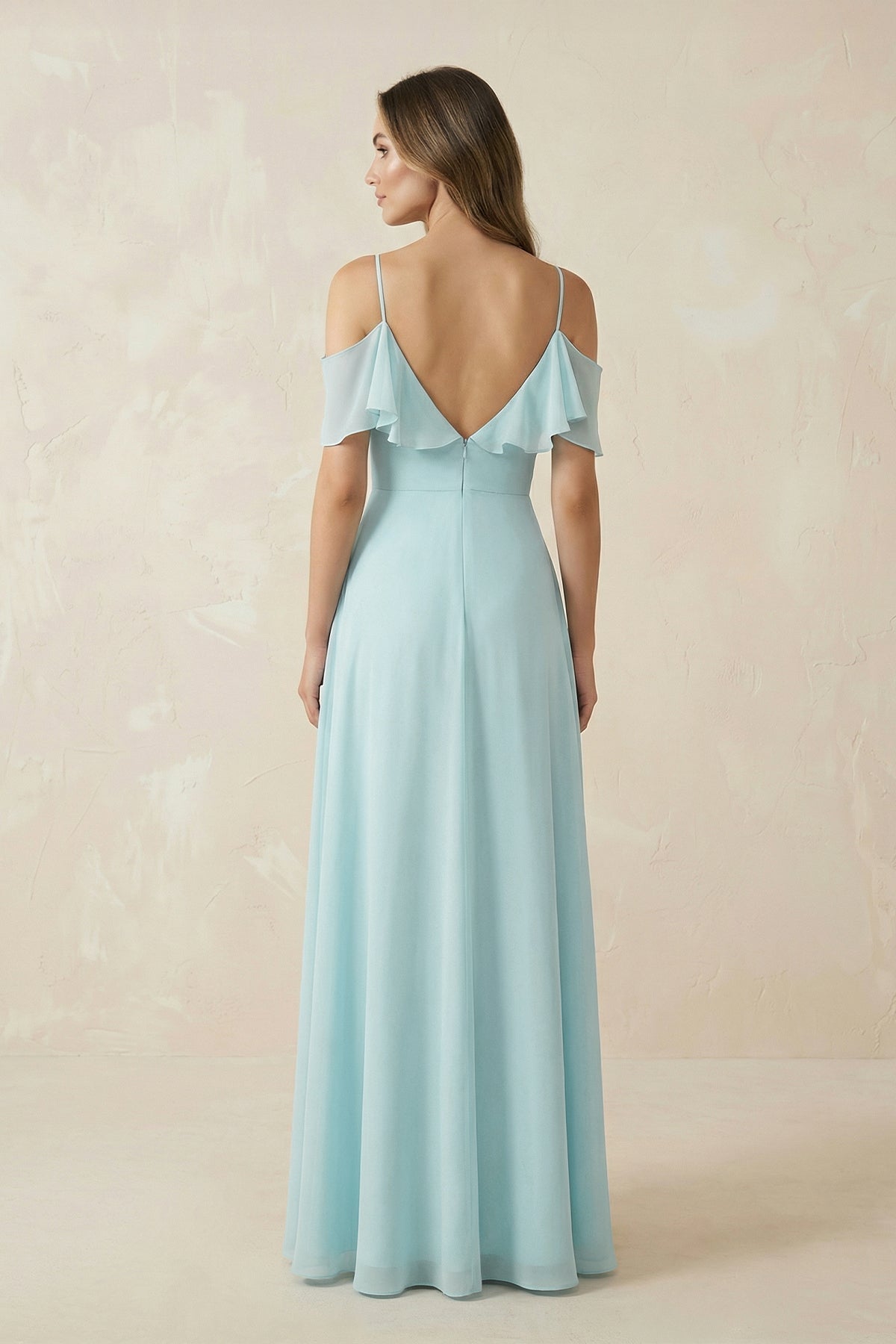 Off-the-Shoulder Ruffled A-Line Chiffon Bridesmaid Dress in Sky Blue