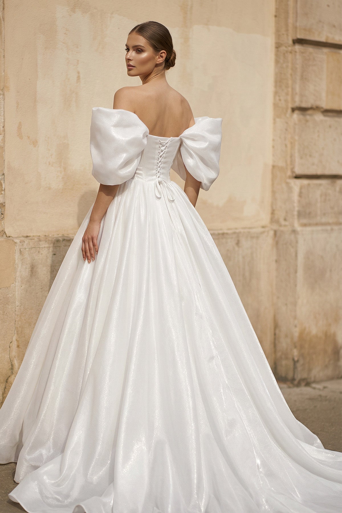 Off-the-Shoulder Satin A-Line Corset Wedding Dress