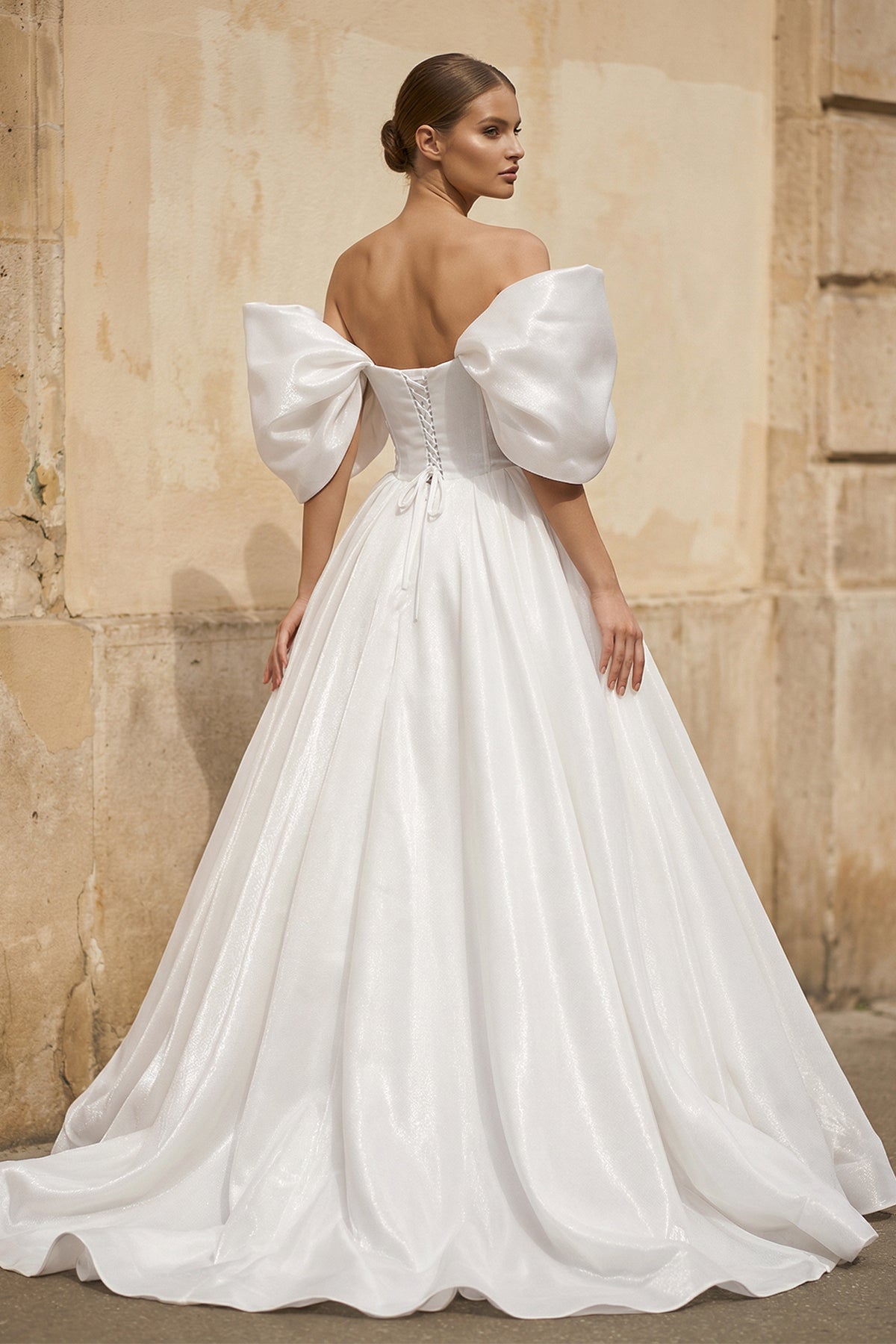 Off-the-Shoulder Satin A-Line Corset Wedding Dress