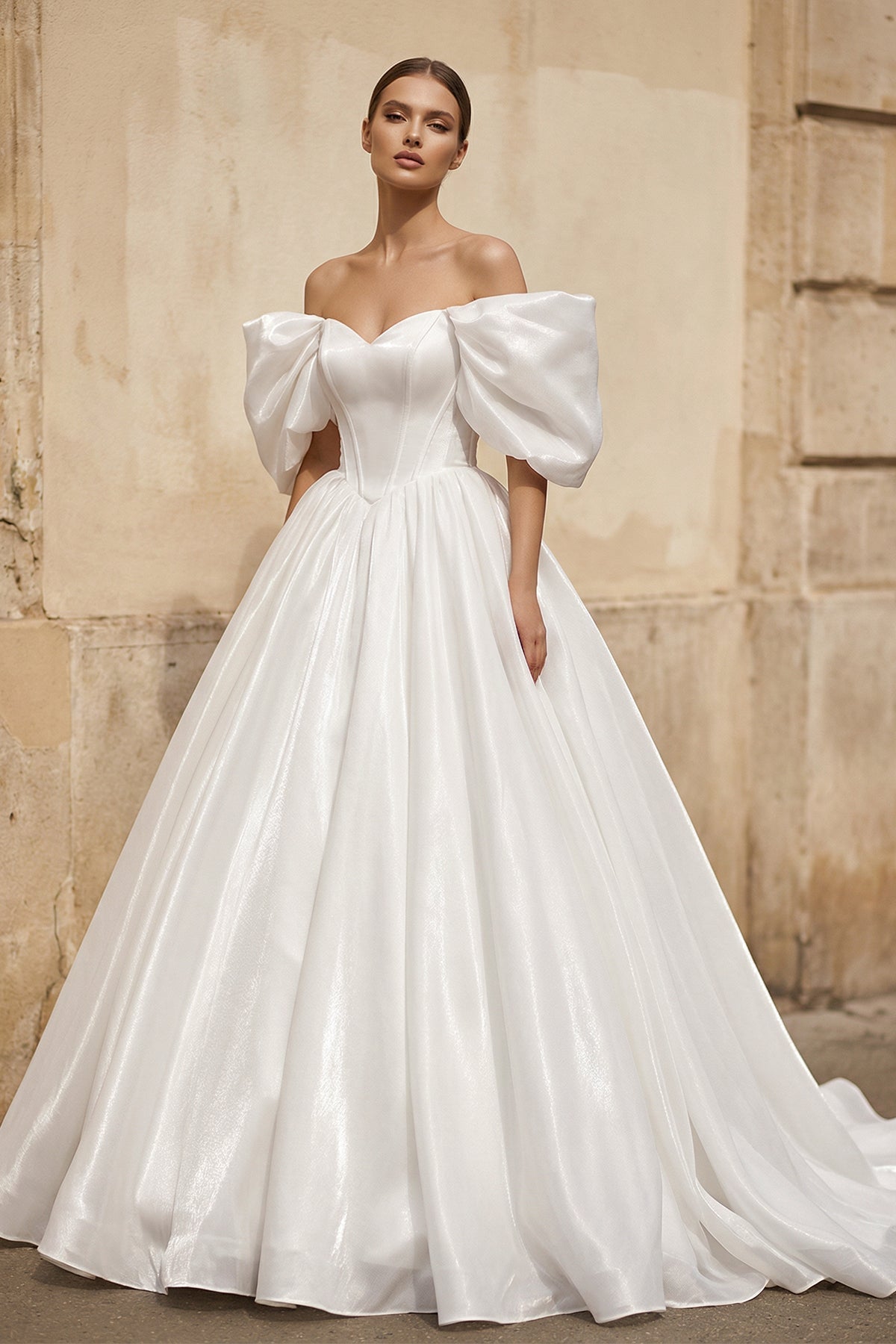 Off-the-Shoulder Satin A-Line Corset Wedding Dress