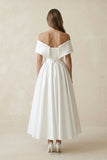 Off-the-Shoulder Satin A-Line Ruhed Wedding Dress in White