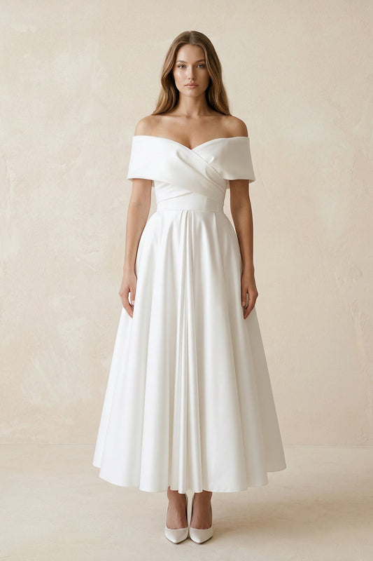 Off-the-Shoulder Satin A-Line Ruhed Wedding Dress in White