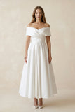 Off-the-Shoulder Satin A-Line Ruhed Wedding Dress in White