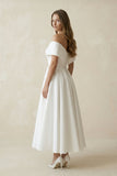 Off-the-Shoulder Satin A-Line Ruhed Wedding Dress in White