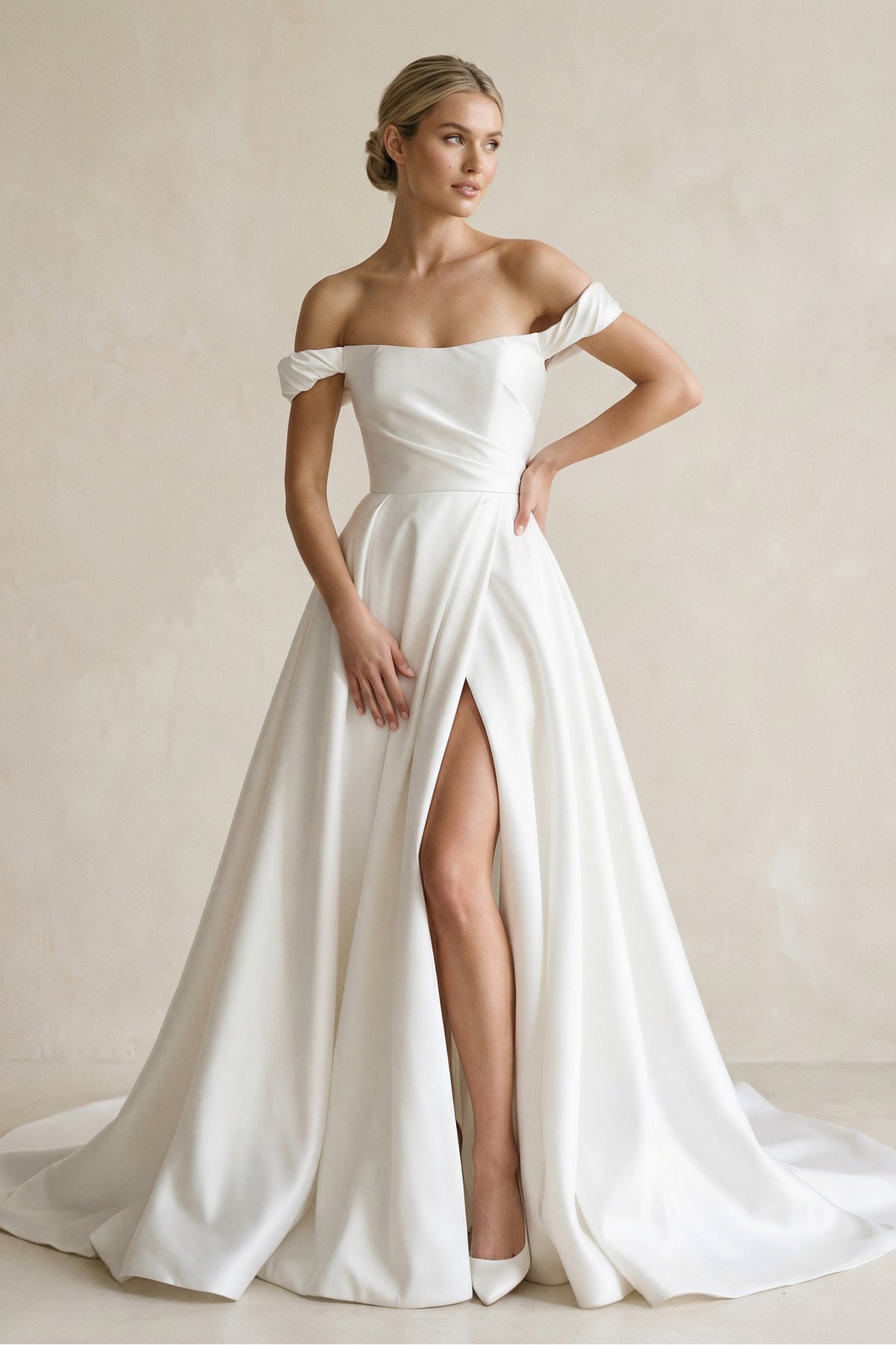 A-Line Satin Off the Shoulder Wedding Dresses with Slit