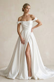 A-Line Satin Off the Shoulder Wedding Dresses with Slit