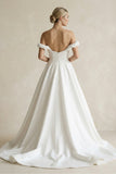 A-Line Satin Off the Shoulder Wedding Dresses with Slit