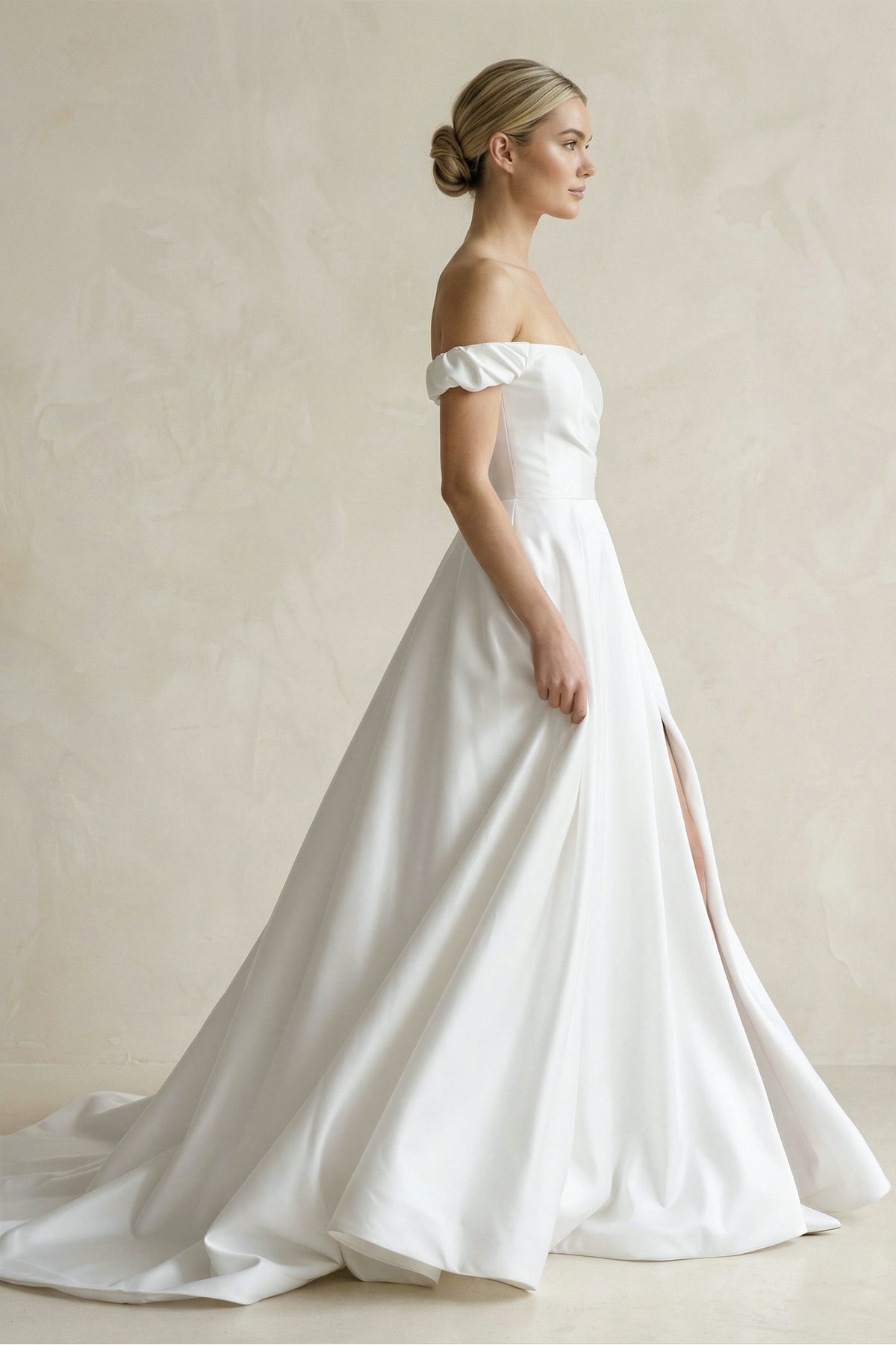 A-Line Satin Off the Shoulder Wedding Dresses with Slit
