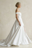 A-Line Satin Off the Shoulder Wedding Dresses with Slit