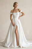 A-Line Satin Off the Shoulder Wedding Dresses with Slit
