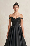 Off-the-Shoulder Satin A-Line Wedding Dress with Corset in Black