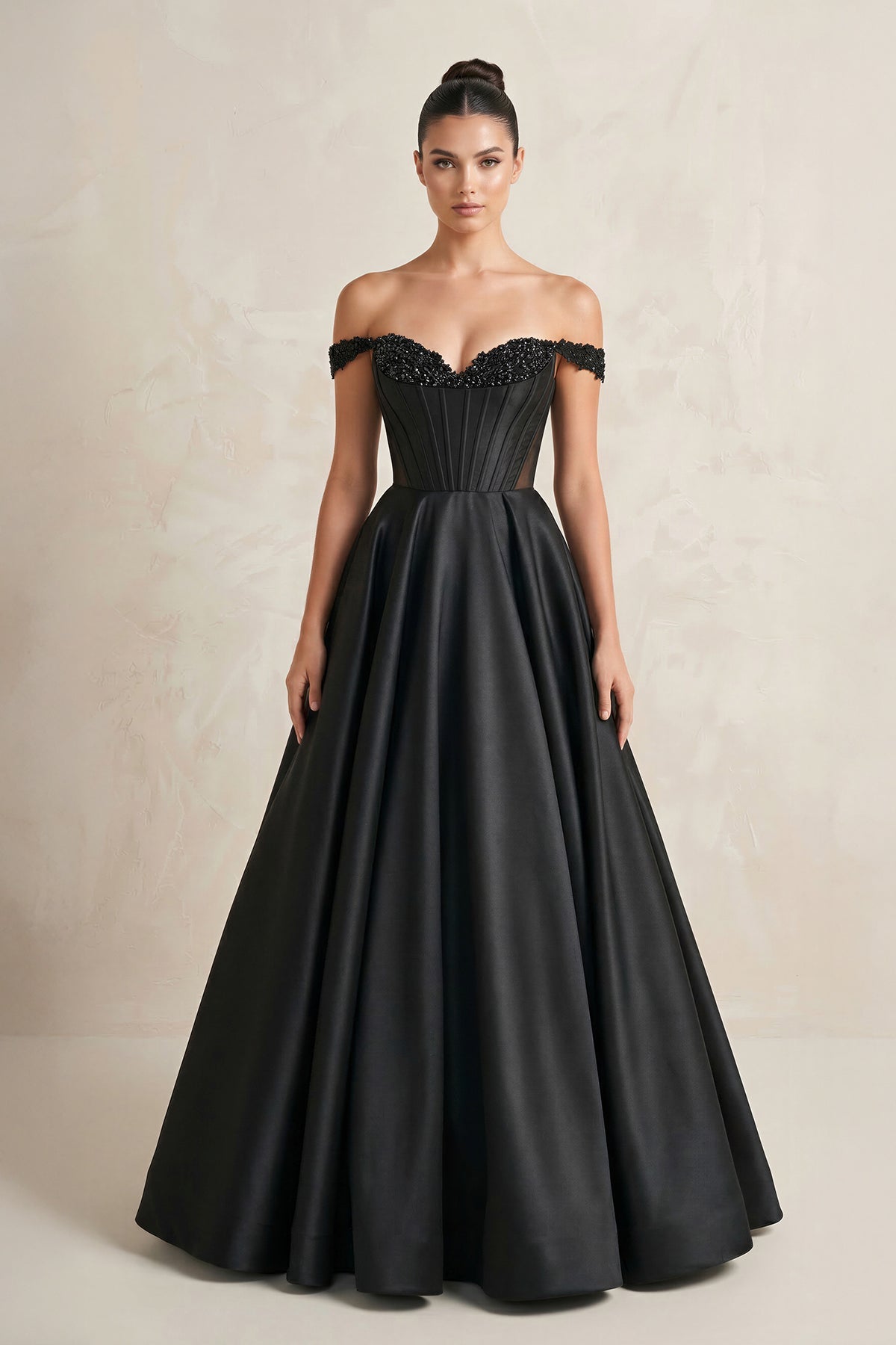 Off-the-Shoulder Satin A-Line Wedding Dress with Corset in Black