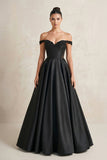 Off-the-Shoulder Satin A-Line Wedding Dress with Corset in Black