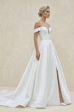 A-Line V Neck Satin Wedding Dresses with Detachable Straps
