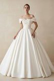 Simple A-line Off The Shoulder Satin ivory Long Wedding Dress