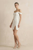 Off-the-Shoulder Short Satin Cowl Neck Simple Formal Wedding Dress With Slit