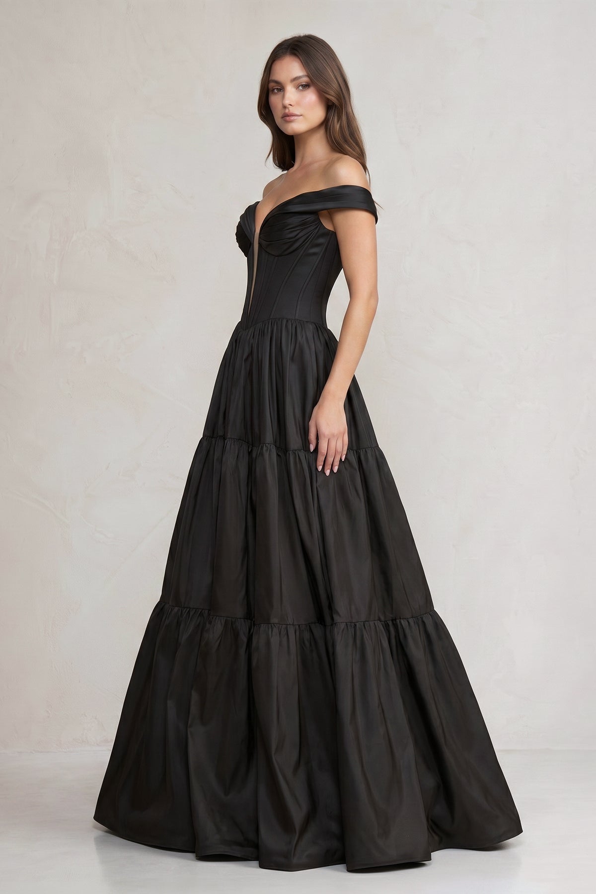 Off-the-Shoulder Satin Tiere Plunging Wedding Dress in Black