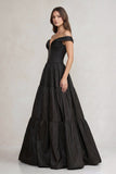 Off-the-Shoulder Satin Tiere Plunging Wedding Dress in Black