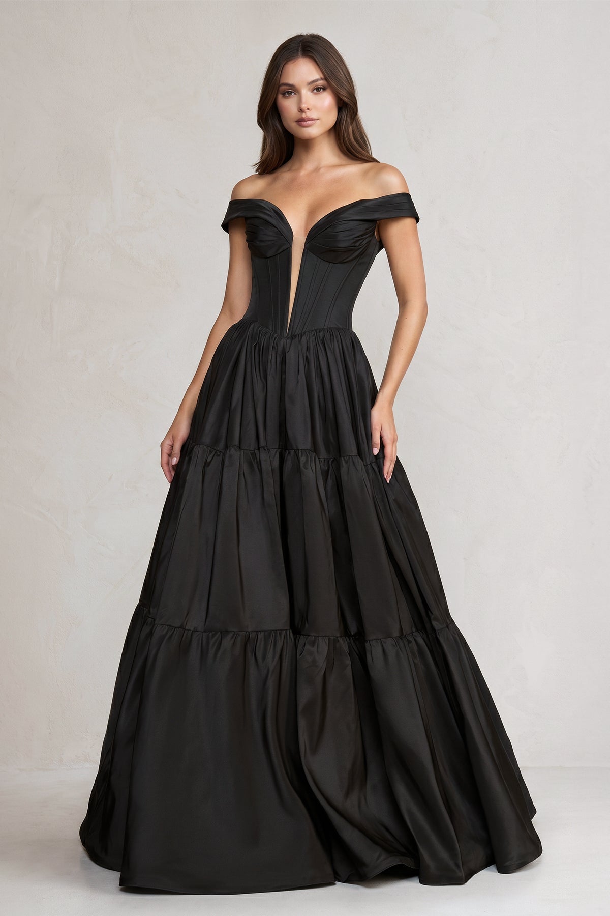 Off-the-Shoulder Satin Tiere Plunging Wedding Dress in Black