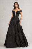 Off-the-Shoulder Satin Tiere Plunging Wedding Dress in Black
