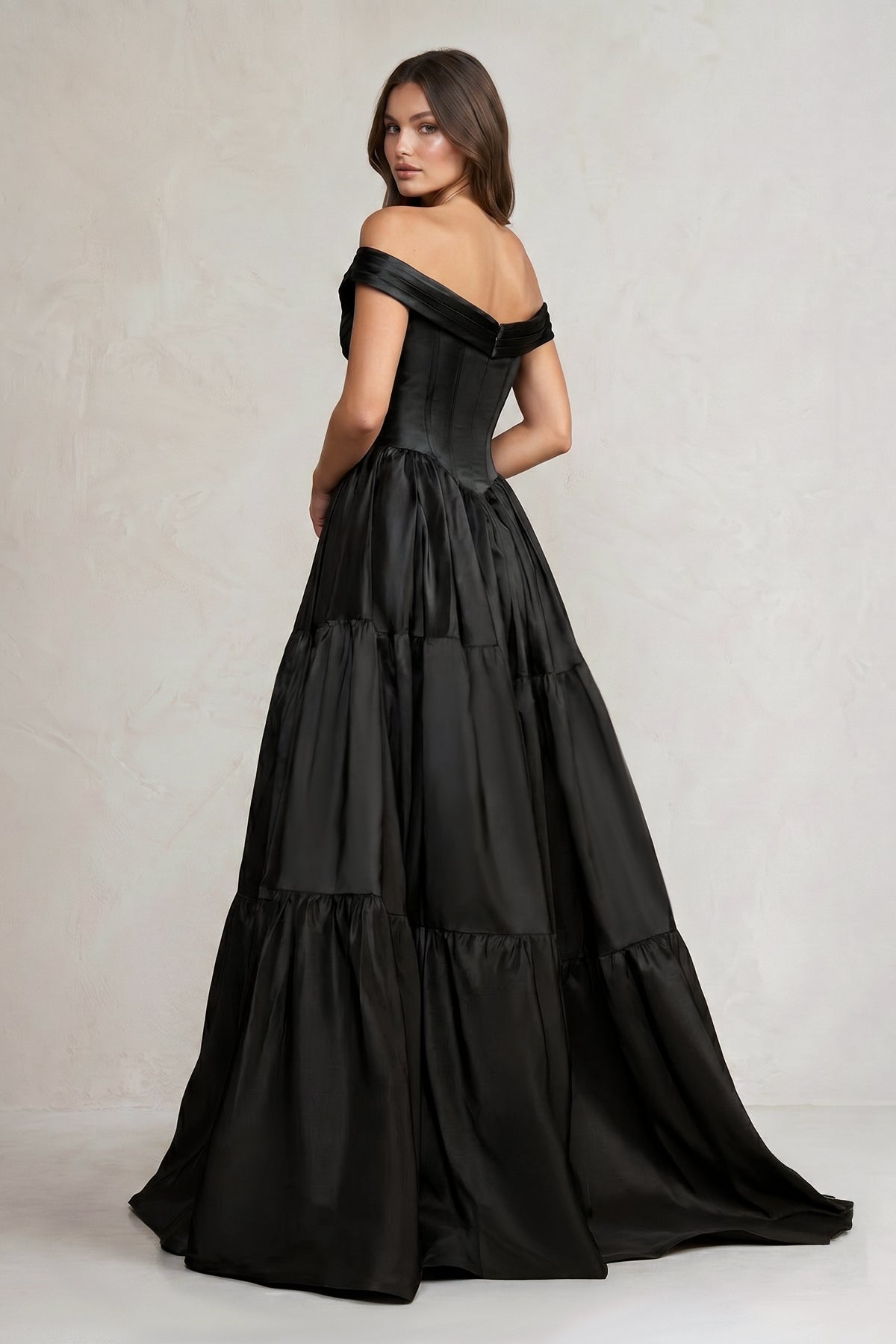 Off-the-Shoulder Satin Tiere Plunging Wedding Dress in Black