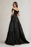 Off-the-Shoulder Satin Tiere Plunging Wedding Dress in Black