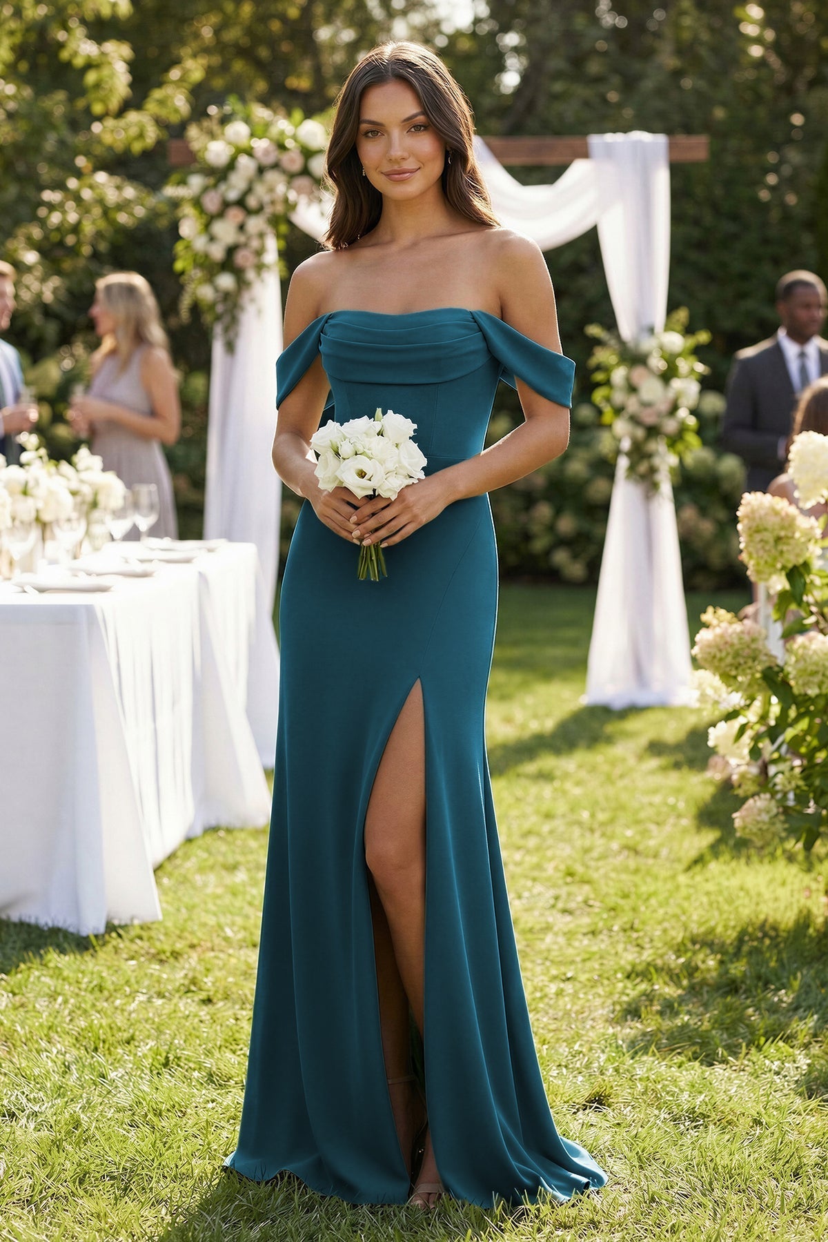 Off-the-Shoulder Sheath Bridesmaid Dress with Slit in Dark Teal
