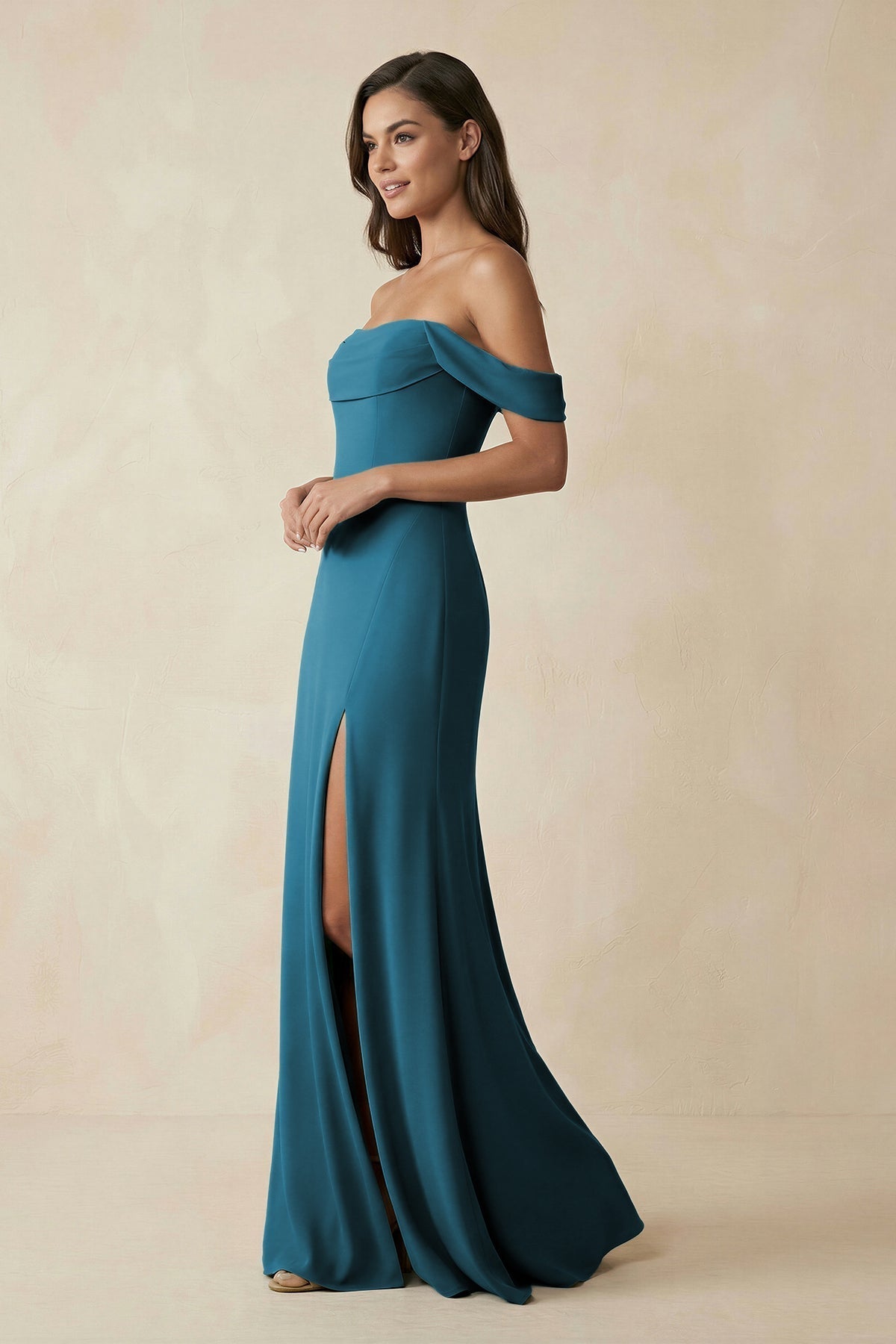 Off-the-Shoulder Sheath Bridesmaid Dress with Slit in Dark Teal