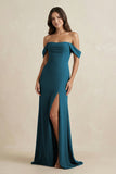 Off-the-Shoulder Sheath Bridesmaid Dress with Slit in Dark Teal