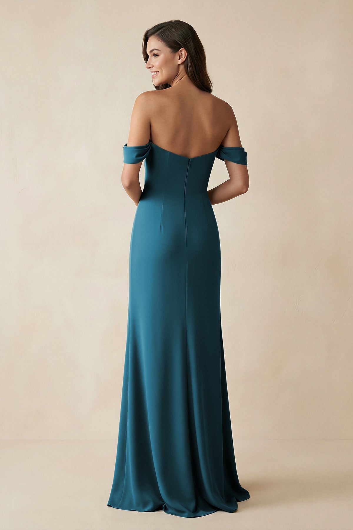 Off-the-Shoulder Sheath Bridesmaid Dress with Slit in Dark Teal