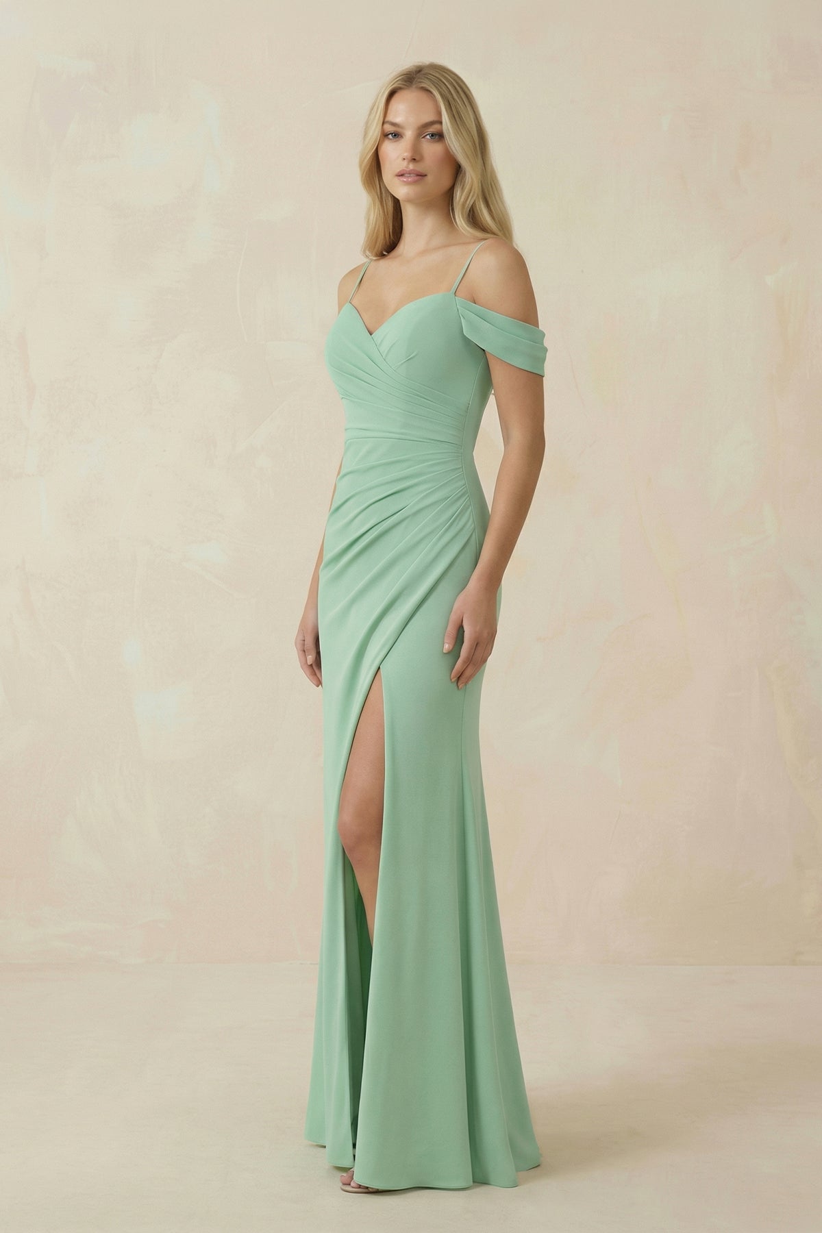 Off-the-Shoulder Sheath Chiffon Ruched Bridesmaid Dress in Pale Pistachio