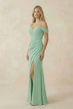 Off-the-Shoulder Sheath Chiffon Ruched Bridesmaid Dress in Pale Pistachio