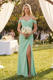 Off-the-Shoulder Sheath Chiffon Ruched Bridesmaid Dress in Pale Pistachio