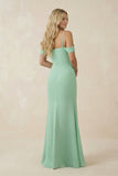 Off-the-Shoulder Sheath Chiffon Ruched Bridesmaid Dress in Pale Pistachio